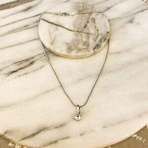 Liz Claiborne Bezel Set Solitaire Necklace Clear Crystal Silver Tone Snake Chain